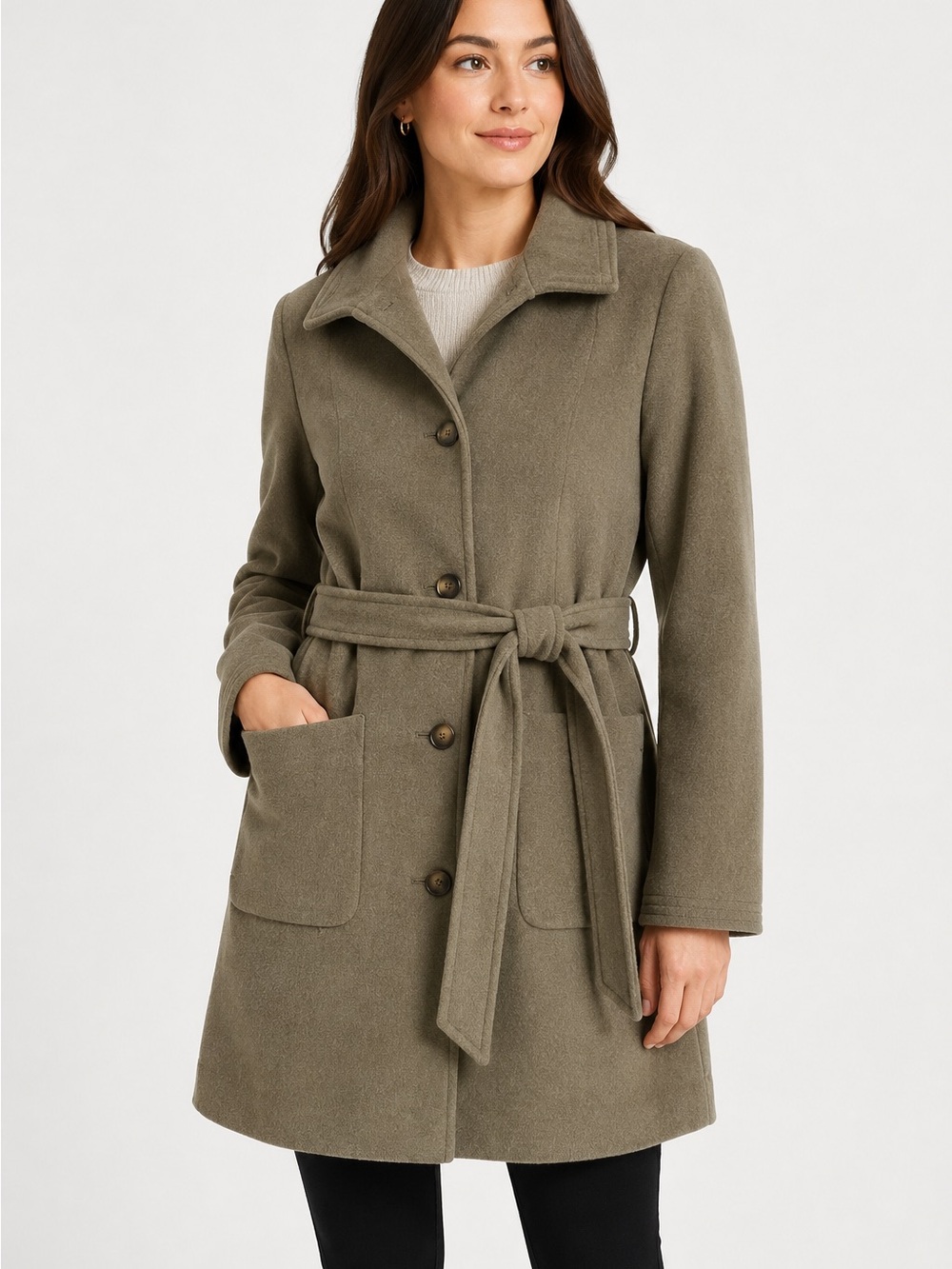 DKNY Wool Blend Belted Coat Olive Green XXL